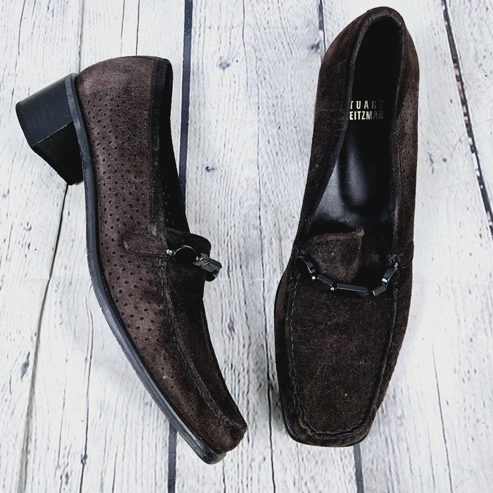 STUART WEITZMAN | perforated suede leather square toe heeled loafer shoes